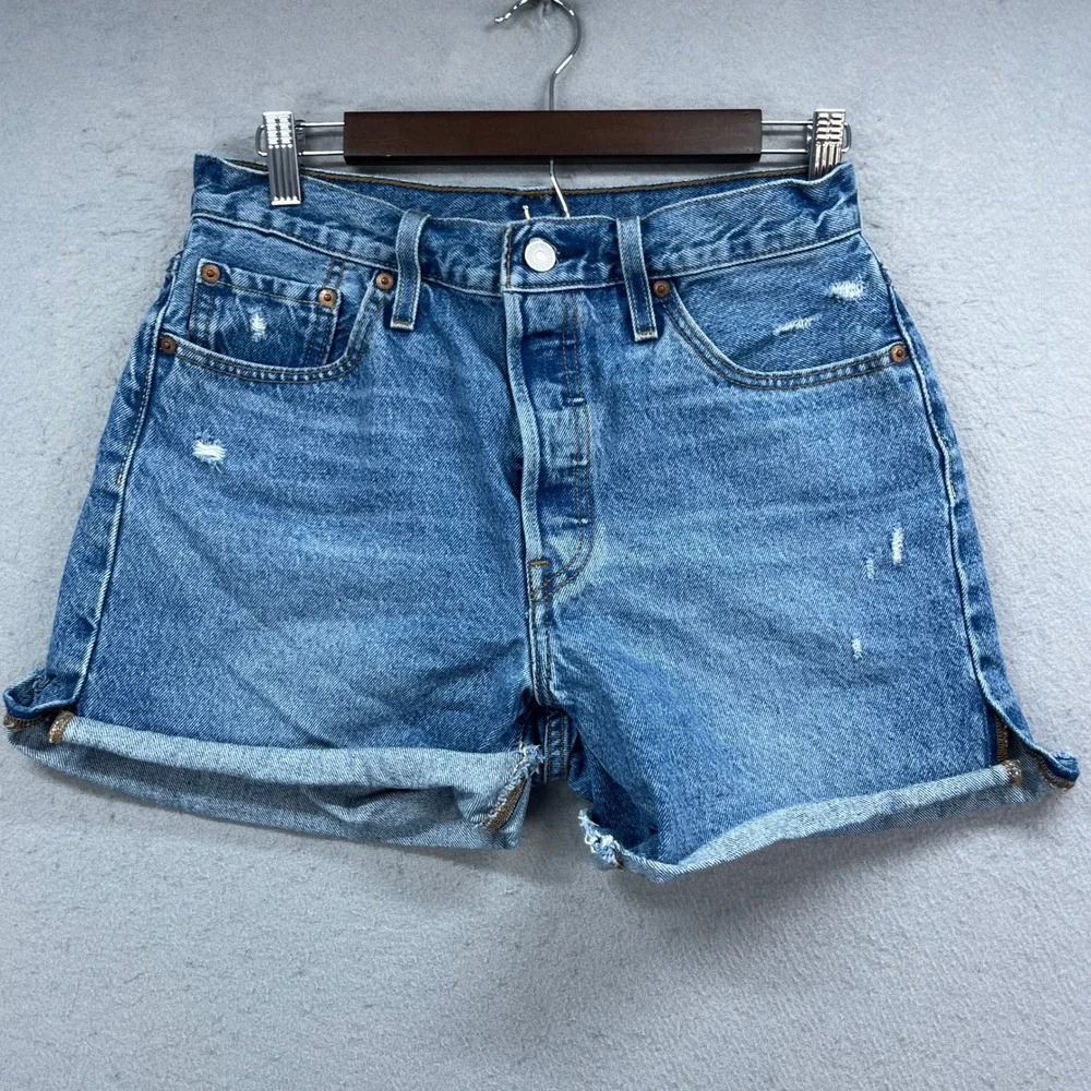 Levis 501 Denim Shorts Womens W28 Blue Jorts Distressed Button Fly Cuffed Y2K